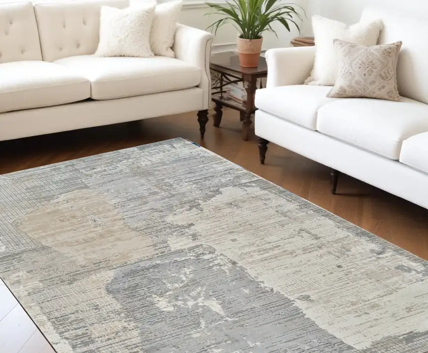Cream and Beige Abstract Distressed Area Rug Photo 1