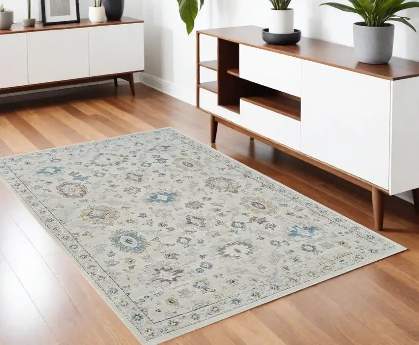 Cream and Beige Abstract Distressed Area Rug Photo 1