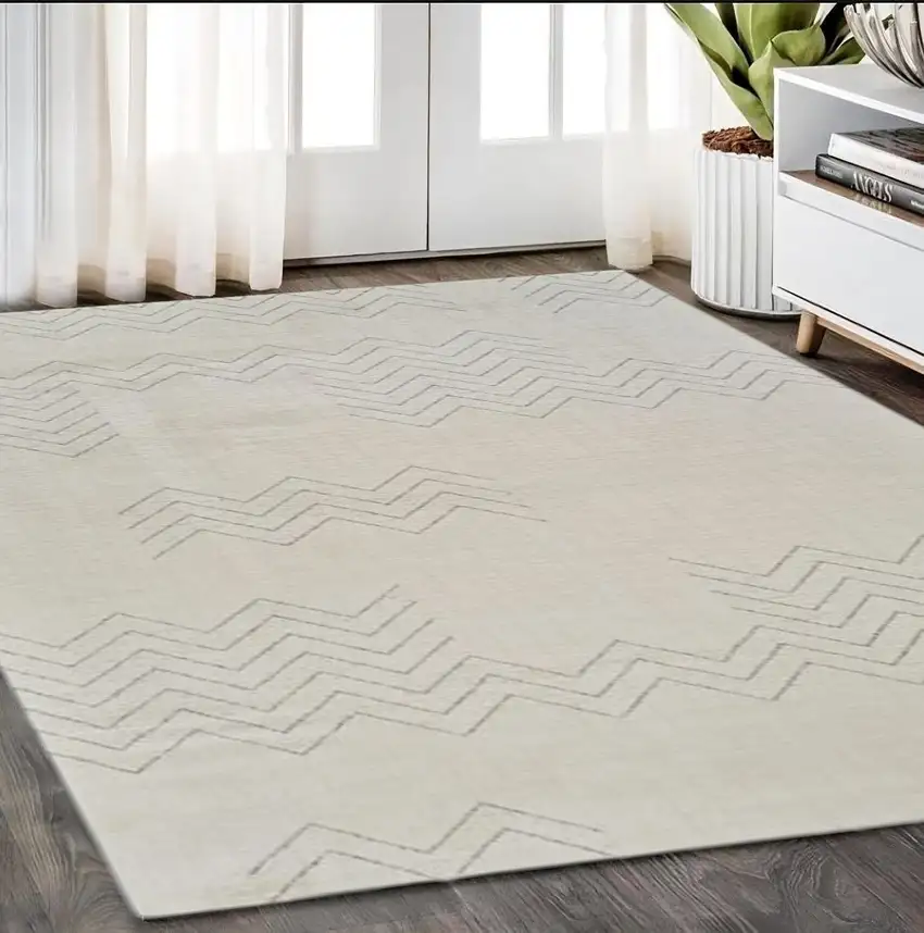 Cream and Beige Abstract Distressed Area Rug Photo 5