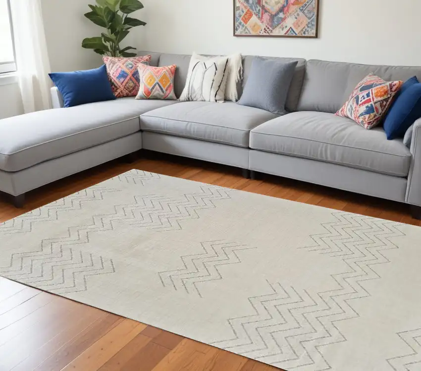 Cream and Beige Abstract Distressed Area Rug Photo 5