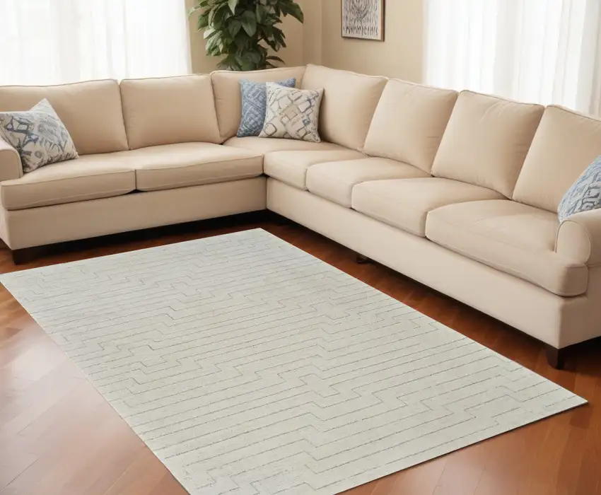 Cream and Beige Abstract Distressed Area Rug Photo 2