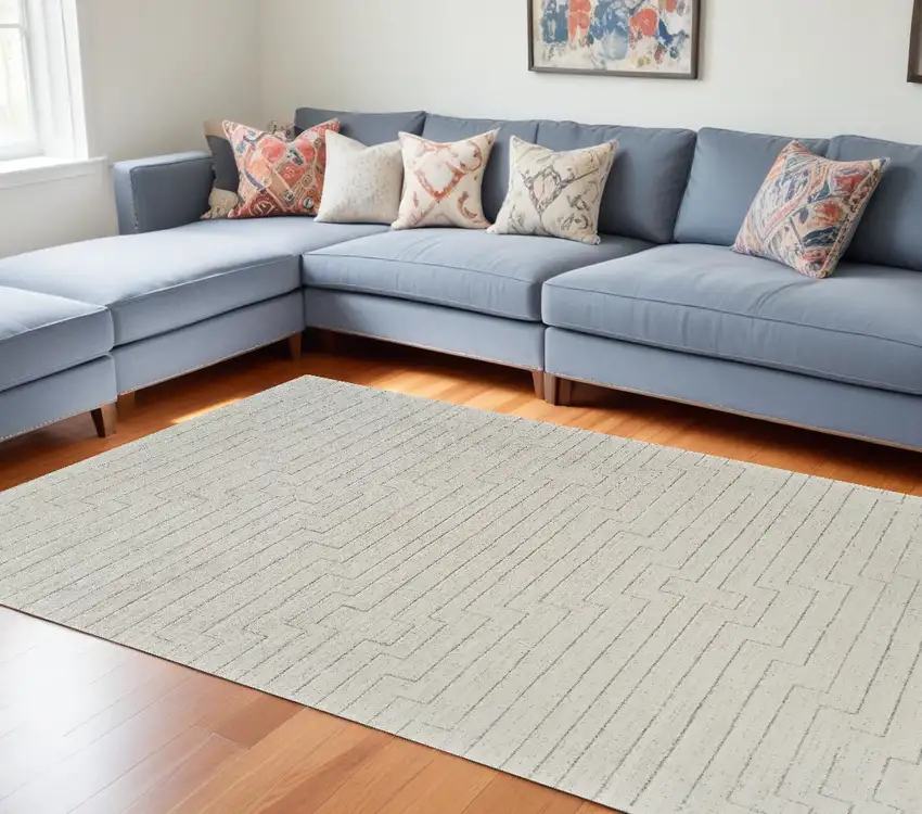 Cream and Beige Abstract Distressed Area Rug Photo 5