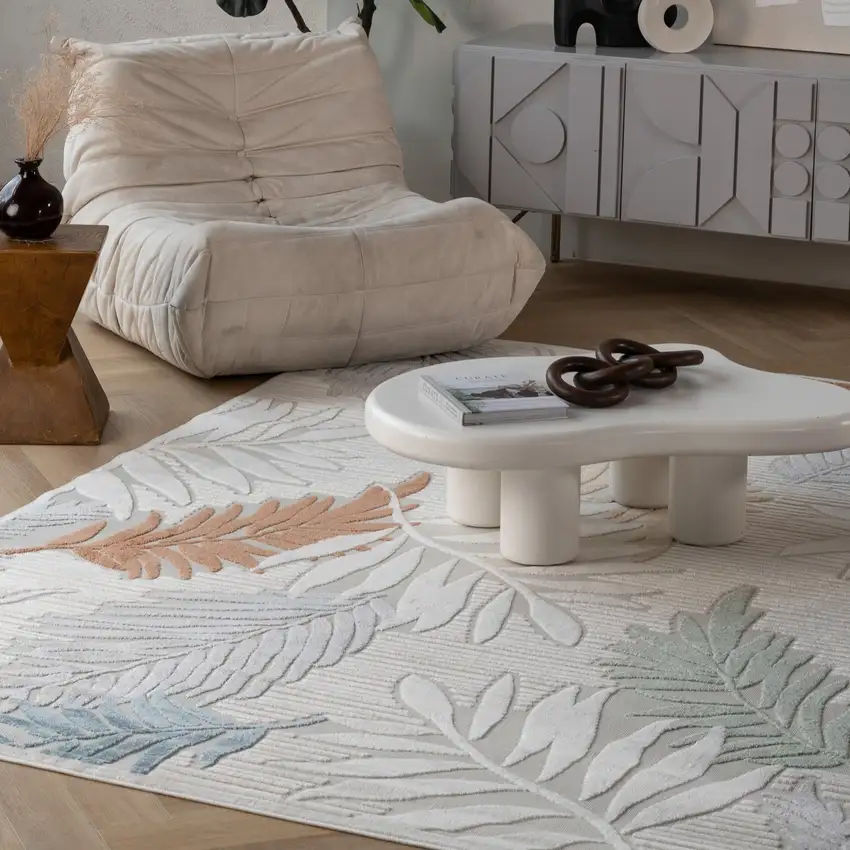 Cream and Beige Botanical Leaves Distressed Indoor Outdoor Area Rug Photo 9