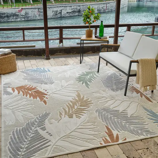 Cream and Beige Botanical Leaves Distressed Indoor Outdoor Area Rug Photo 8