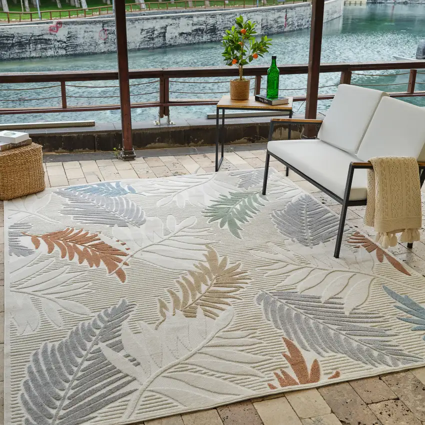 Cream and Beige Botanical Leaves Distressed Indoor Outdoor Area Rug Photo 8