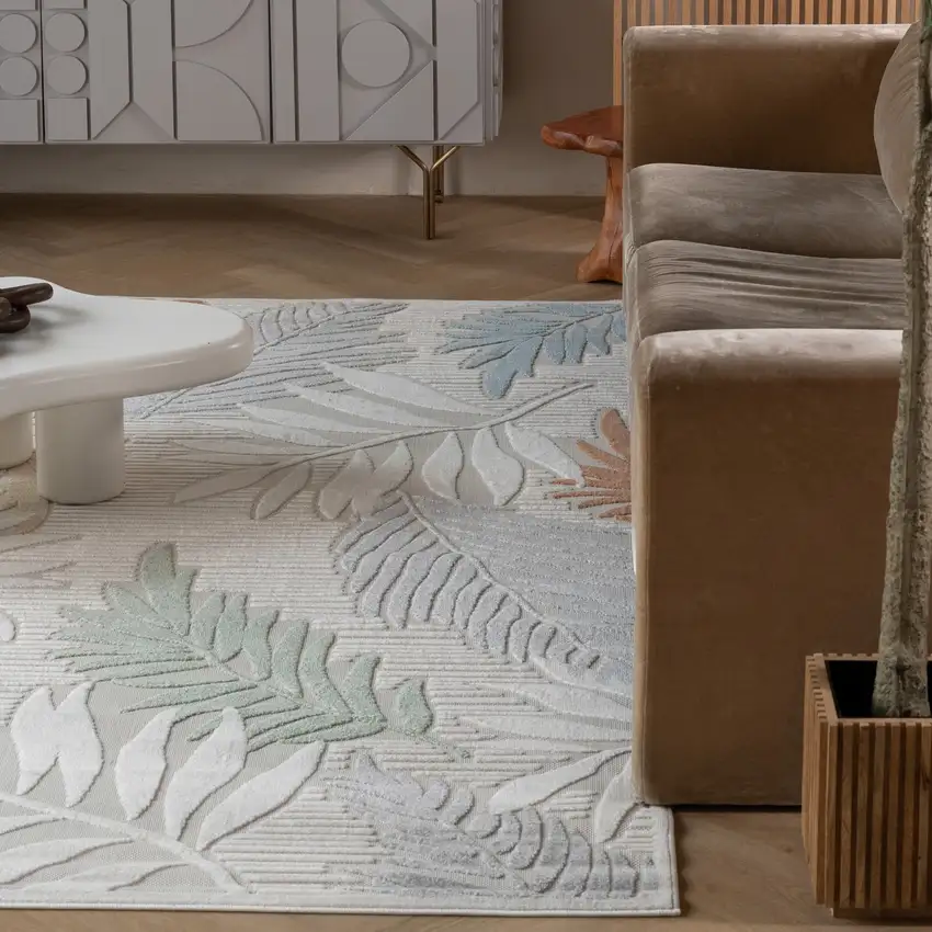 Cream and Beige Botanical Leaves Distressed Indoor Outdoor Area Rug Photo 9