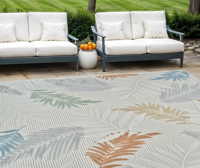 Cream and Beige Botanical Leaves Distressed Indoor Outdoor Area Rug Photo 1