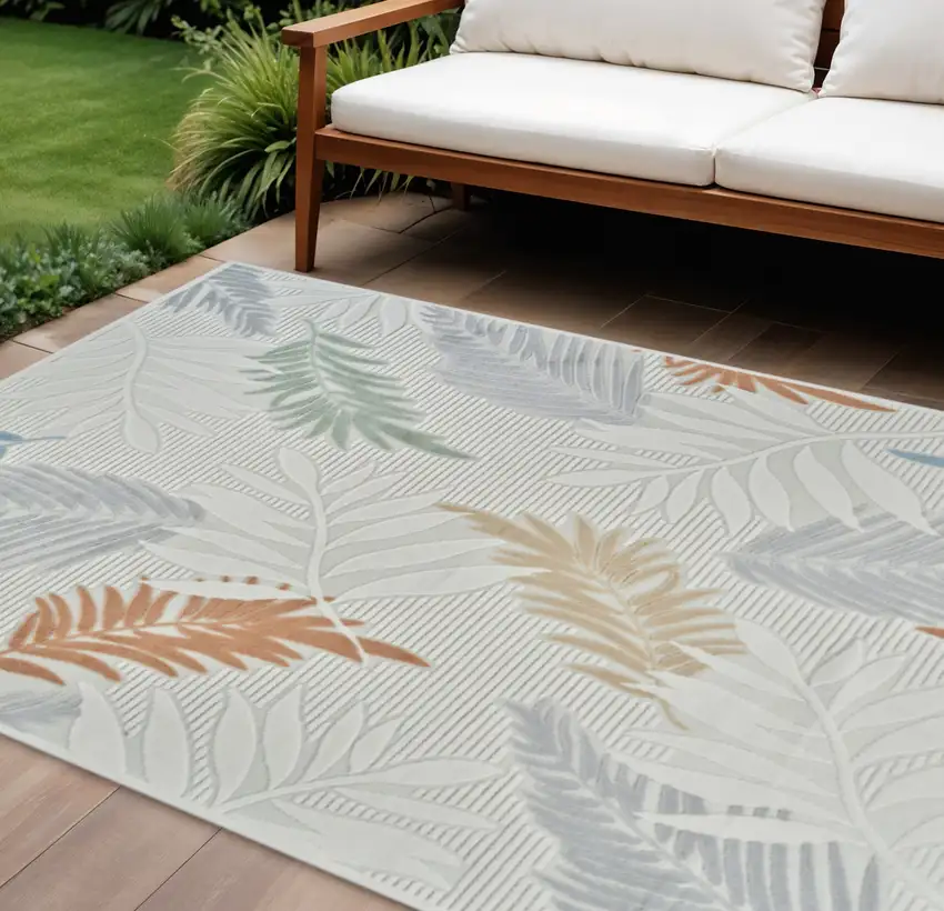 Cream and Beige Botanical Leaves Distressed Indoor Outdoor Area Rug Photo 1