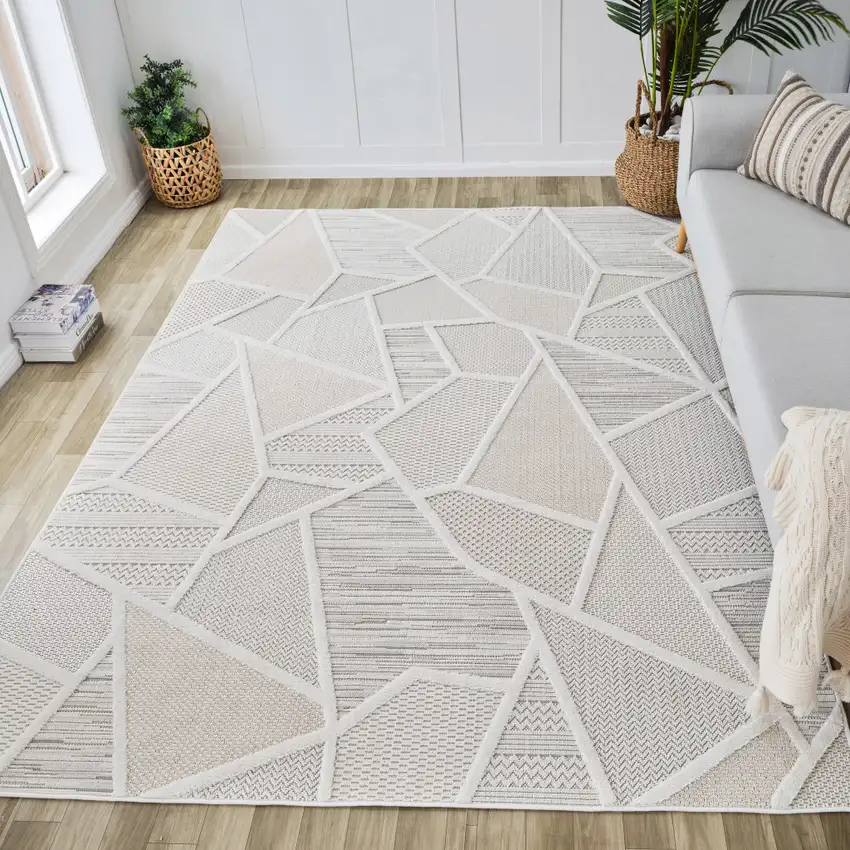 Cream and Beige Geometric Distressed Area Rug Photo 3
