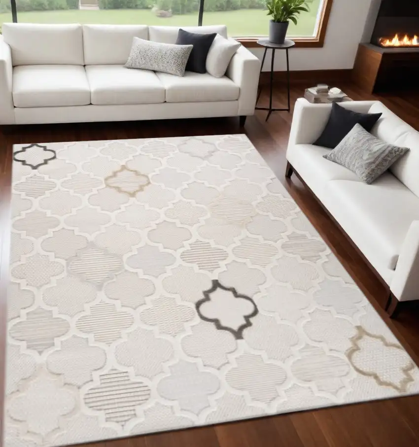 Cream and Beige Geometric Distressed Area Rug Photo 2
