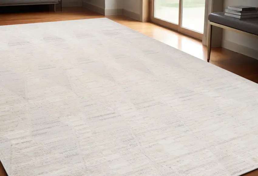 Cream and Beige Geometric Distressed Area Rug Photo 2