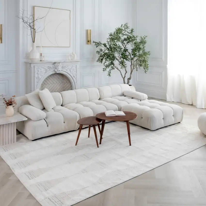 Cream and Beige Geometric Distressed Area Rug Photo 9