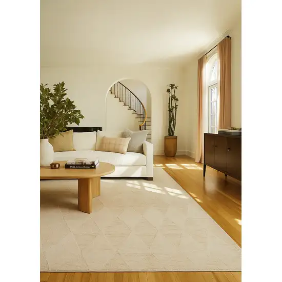 Cream and Beige Geometric Distressed Area Rug Photo 8