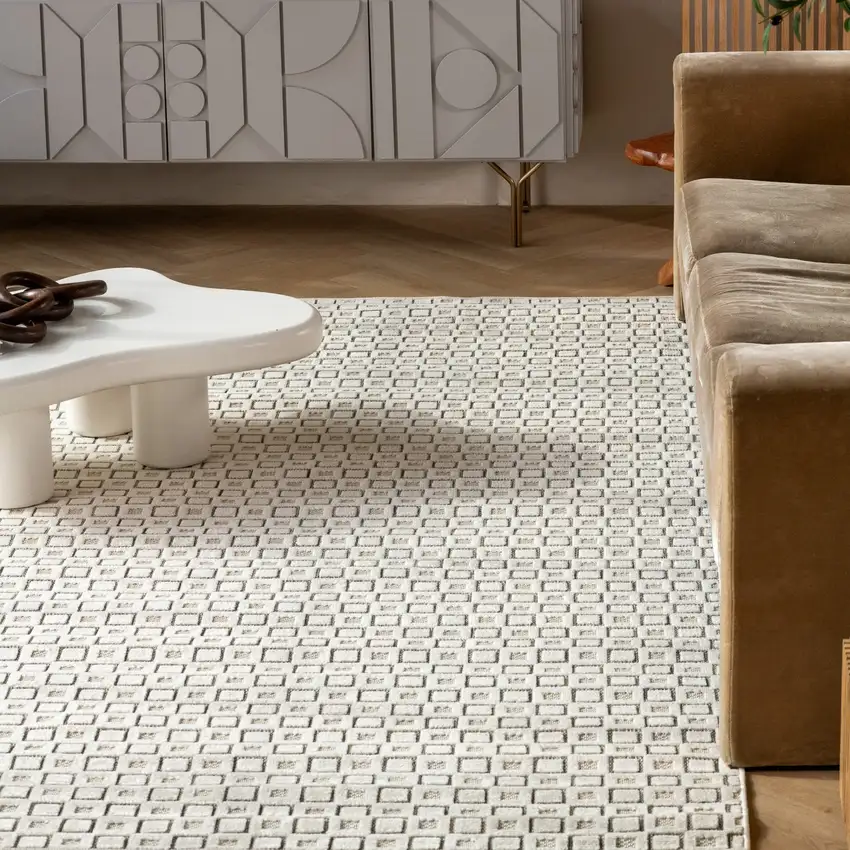 Cream and Beige Geometric Distressed Indoor Outdoor Area Rug Photo 7
