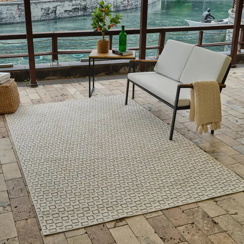 Cream and Beige Geometric Distressed Indoor Outdoor Area Rug Photo 9