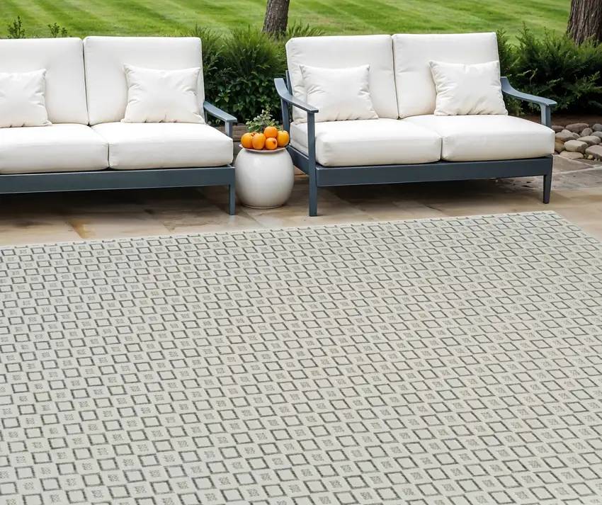 Cream and Beige Geometric Distressed Indoor Outdoor Area Rug Photo 1
