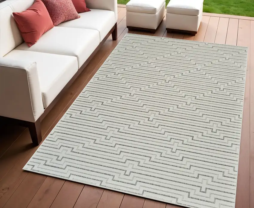 Cream and Beige Geometric Distressed Indoor Outdoor Area Rug Photo 1
