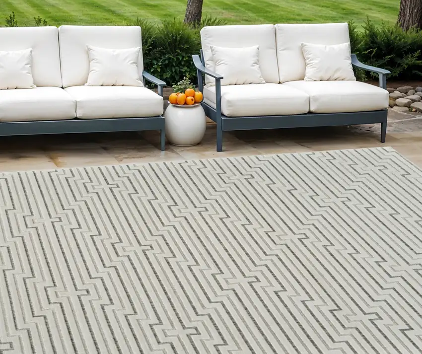 Cream and Beige Geometric Distressed Indoor Outdoor Area Rug Photo 1