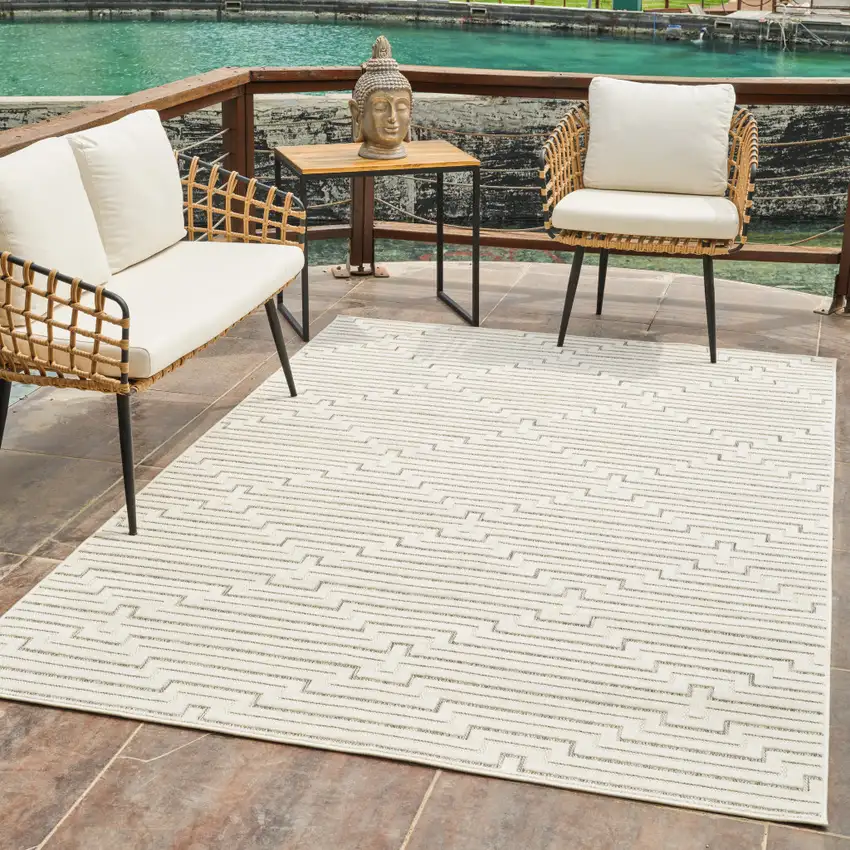Cream and Beige Geometric Distressed Indoor Outdoor Area Rug Photo 8