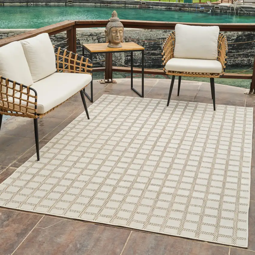 Cream and Beige Geometric Distressed Indoor Outdoor Area Rug Photo 7