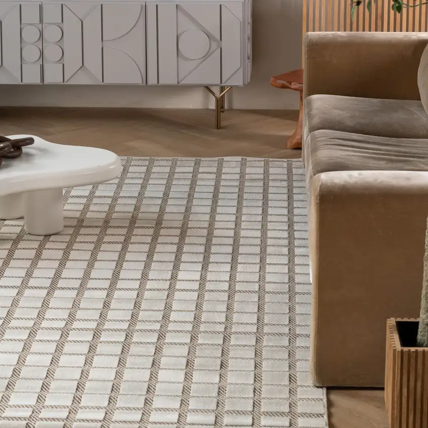 Cream and Beige Geometric Distressed Indoor Outdoor Area Rug Photo 6