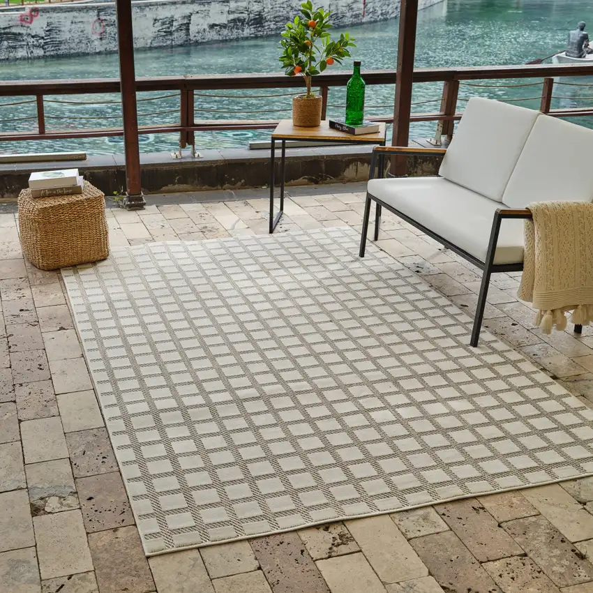 Cream and Beige Geometric Distressed Indoor Outdoor Area Rug Photo 9