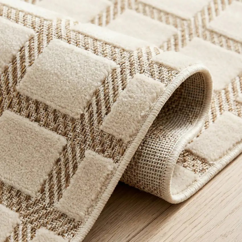 Cream and Beige Geometric Distressed Indoor Outdoor Area Rug Photo 3