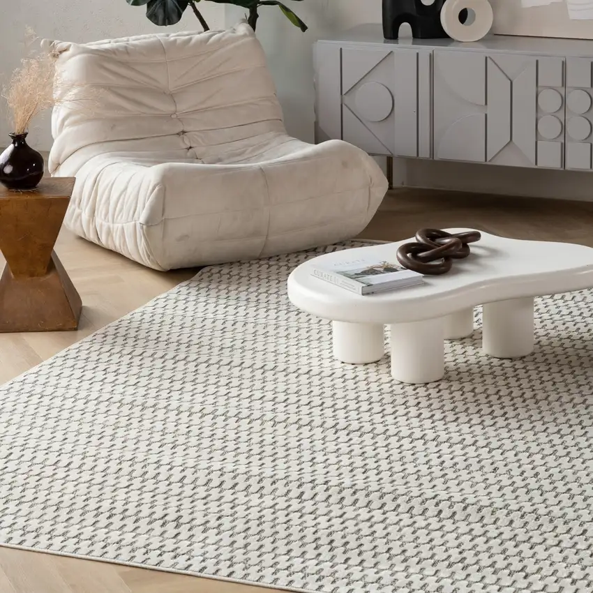 Cream and Beige Geometric Distressed Indoor Outdoor Area Rug Photo 9