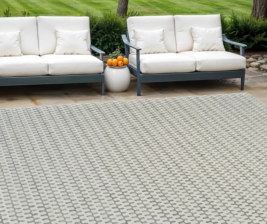 Cream and Beige Geometric Distressed Indoor Outdoor Area Rug Photo 1