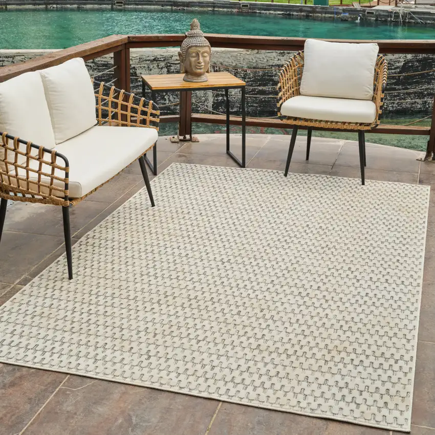 Cream and Beige Geometric Distressed Indoor Outdoor Area Rug Photo 7