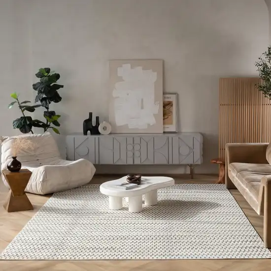 Cream and Beige Geometric Distressed Indoor Outdoor Area Rug Photo 9