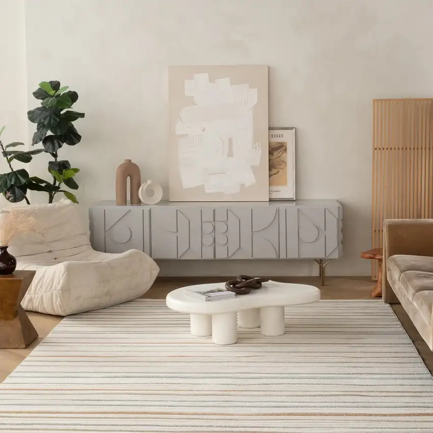 Cream and Beige Striped Distressed Indoor Outdoor Area Rug Photo 9