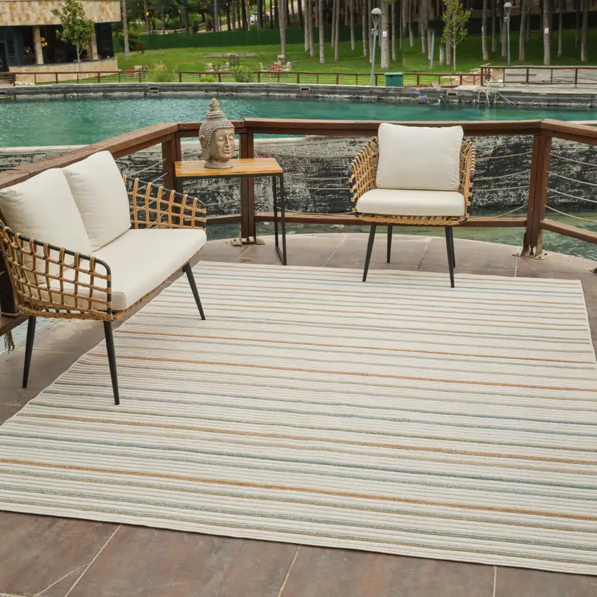 Cream and Beige Striped Distressed Indoor Outdoor Area Rug Photo 7