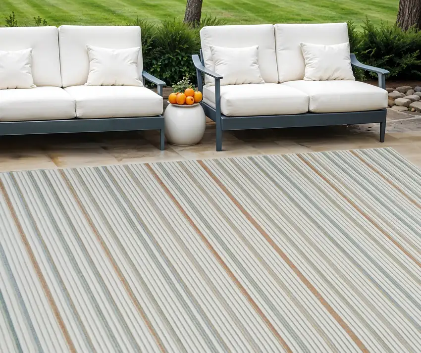 Cream and Beige Striped Distressed Indoor Outdoor Area Rug Photo 1