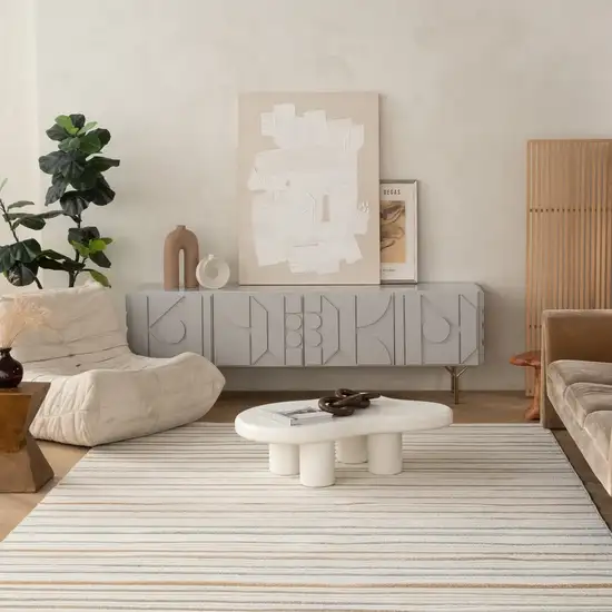 Cream and Beige Striped Distressed Indoor Outdoor Area Rug Photo 9