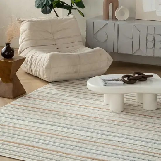 Cream and Beige Striped Distressed Indoor Outdoor Area Rug Photo 8