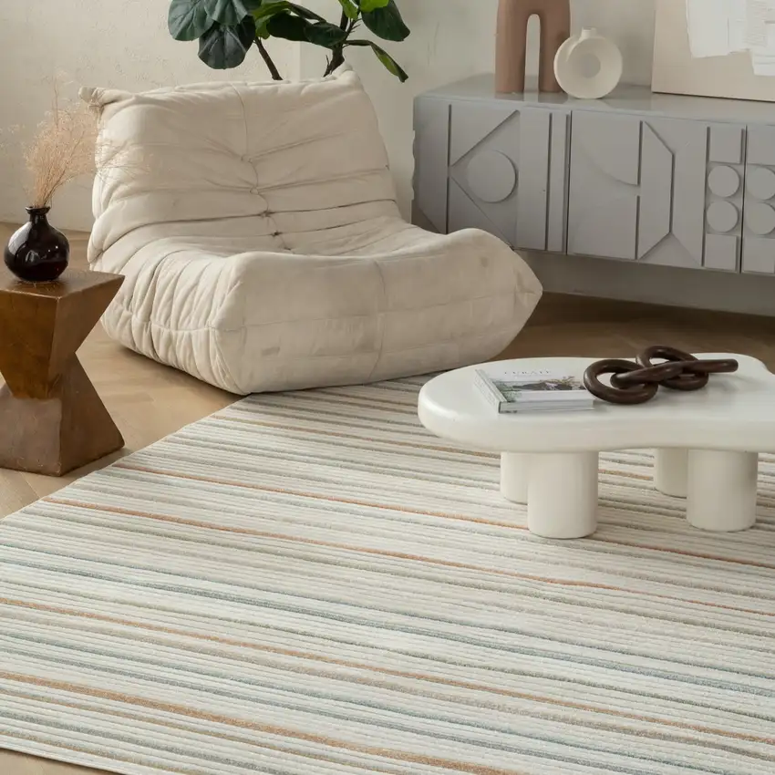 Cream and Beige Striped Distressed Indoor Outdoor Area Rug Photo 8