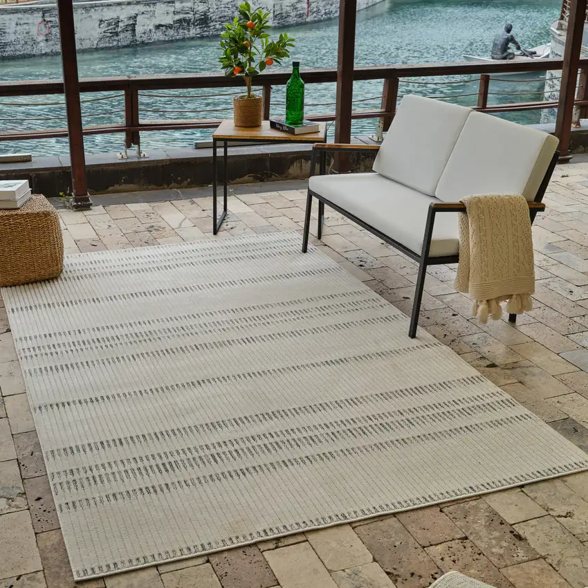 Cream and Beige Striped Distressed Indoor Outdoor Area Rug Photo 8