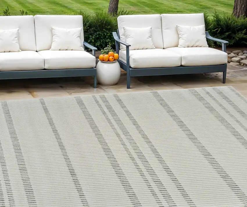 Cream and Beige Striped Distressed Indoor Outdoor Area Rug Photo 1