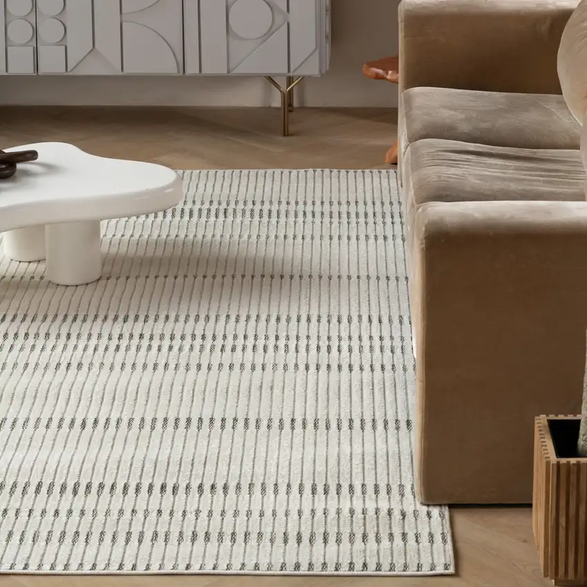 Cream and Beige Striped Distressed Indoor Outdoor Area Rug Photo 6