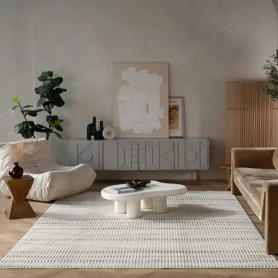 Cream and Beige Striped Distressed Indoor Outdoor Area Rug Photo 9