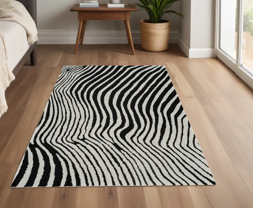Cream and Black Abstract Distressed Area Rug Photo 2