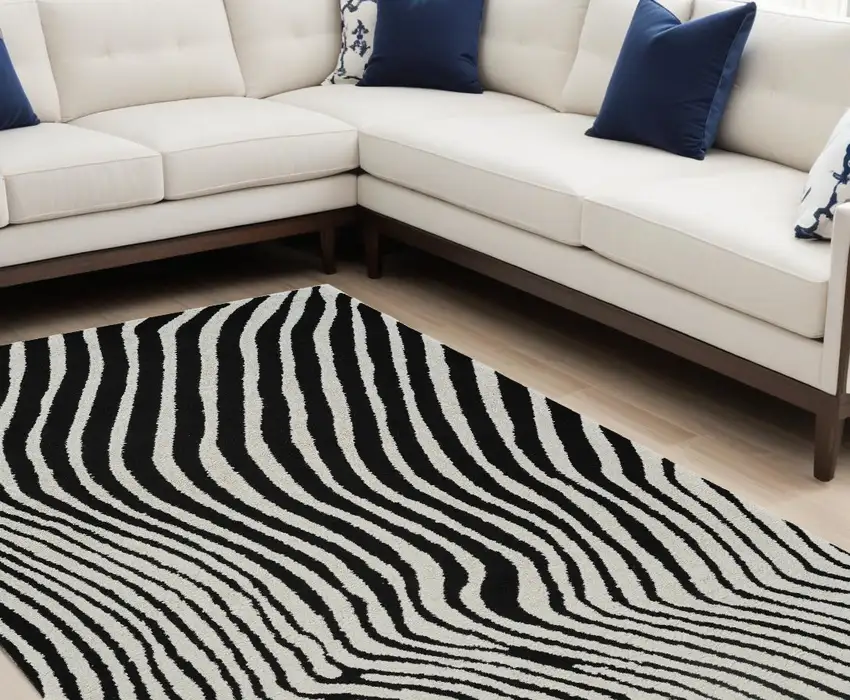 Cream and Black Abstract Distressed Area Rug Photo 2