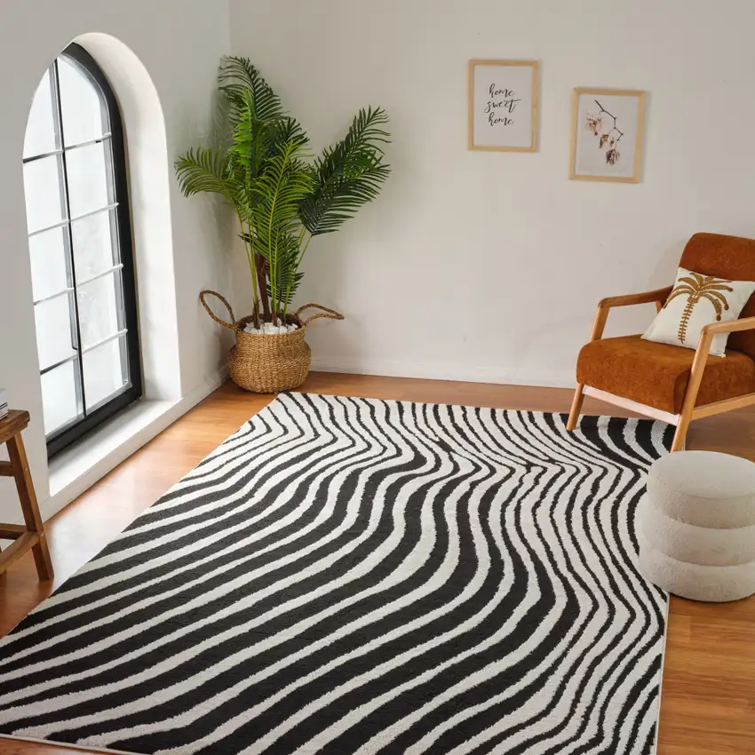 Cream and Black Abstract Distressed Area Rug Photo 9