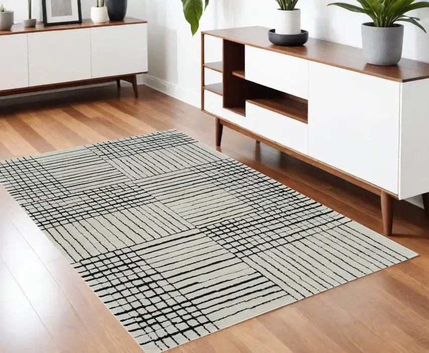 Cream and Black Abstract Distressed Area Rug Photo 2