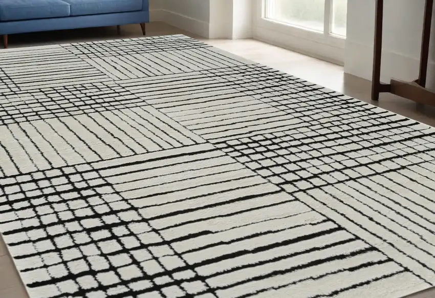 Cream and Black Abstract Distressed Area Rug Photo 2