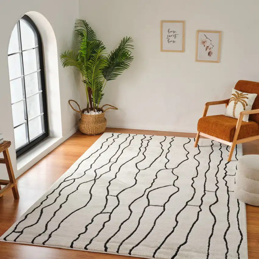 Cream and Black Abstract Distressed Area Rug Photo 9
