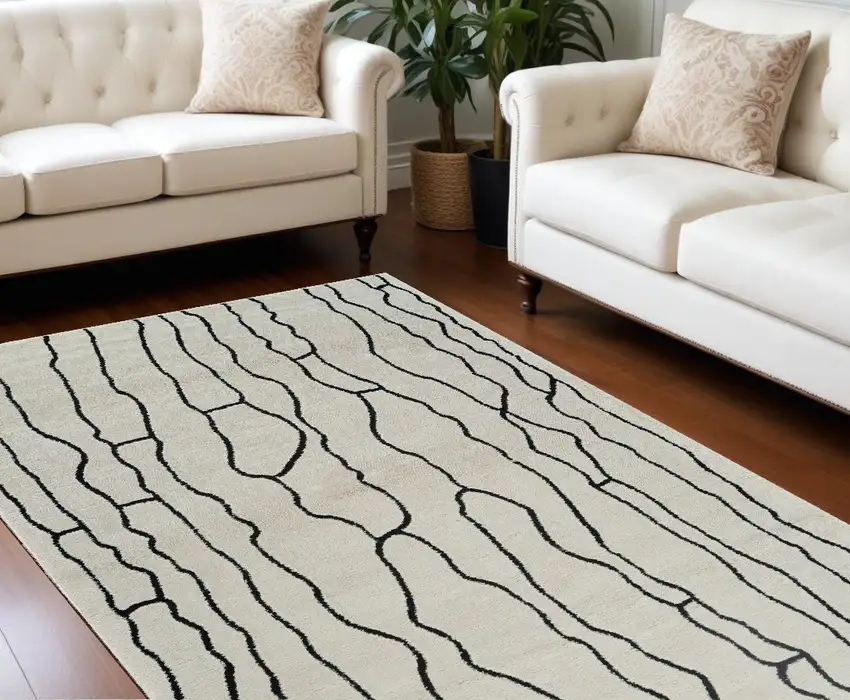 Cream and Black Abstract Distressed Area Rug Photo 2