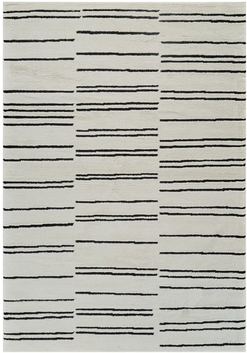 Cream and Black Abstract Worn Faded Area Rug Photo 4