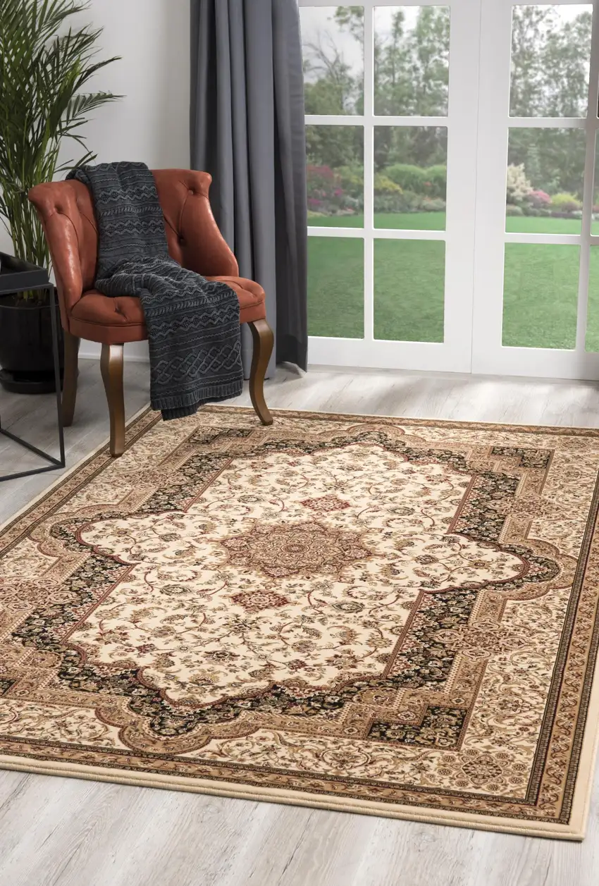 Cream and Black Decorative Area Rug Photo 6